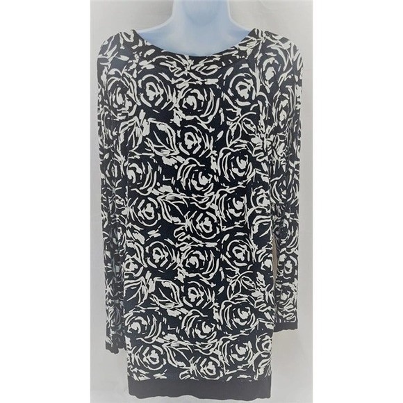 Ellen Tracy Womens Large Pullover Buttonhole Black White Roses Gently Used - Picture 6 of 9
